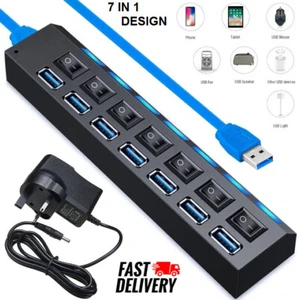 7 Ports High Speed USB 3.0 HUB Power Splitter Extender Cable with UK Adapter - Picture 1 of 6