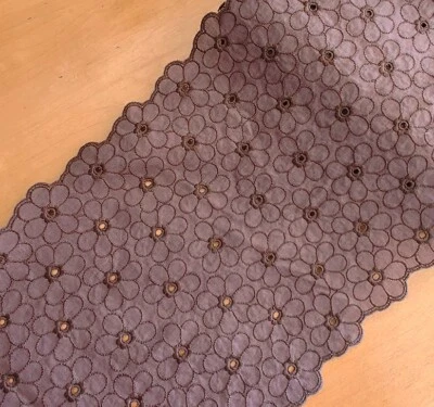 3 Yards 8.5'' Wide Eyelet Cotton Lace with Embroidered Flower Trim Brown b0461 - Image 1 of 2