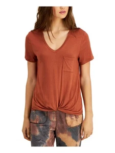 SELF E Womens Brown Stretch Pocketed Twist-front Short Sleeve V Neck T-Shirt XS - Picture 1 of 3