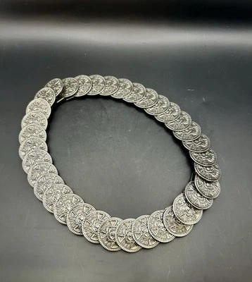 Vintage Medallion Waist Belt Silver Tone Metal Coin Stretch Elastic  - Image 1 of 4