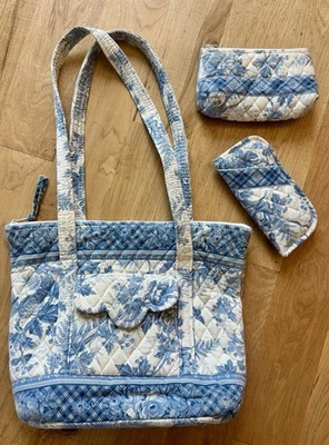 Vera Bradley LOT Vintage Blue Toile Floral Tote Purse Glasses Case Make-Up Bag - Image 1 of 4