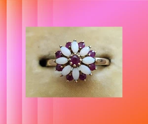 Vintage Ruby and Opal 9ct gold ring, flower, foliate design engagement, birthday - Picture 1 of 6
