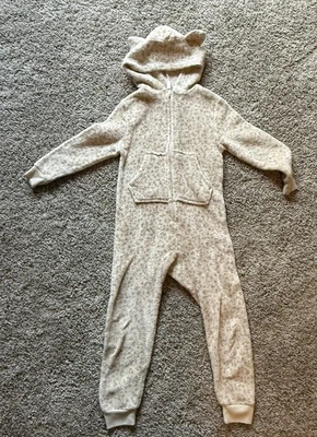 Pijama de una pieza Cat & Jack niñas X-Small 4/5 blanco gris leopardo con capucha polar Foto 1 de 4