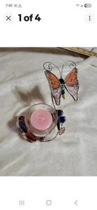 Stained Glass Flower W/Butterfly has Spring Wings - Sun Catcher/Tea light - Picture 1 of 4