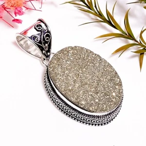 Pyrit Druzy Quarz Edelstein Vintage Handmade 925 Sterling Silber Anhänger 2 " Rg - Bild 1 von 6