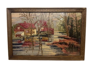 Antique Victorian Art needlepoint tapestry Framed Landscape 20 X 14” - Picture 1 of 5