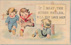 Postcard:  If I Beat the Other Feller, Will She Love Me? Boys Racing, DB 1910's - Picture 1 of 2