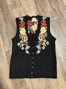 Chaleco Suéter Floral Marisa Christina Vintage Tejido a Mano para Mujer Talla Mediana Negro - Imagen 1 de 6