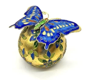 Brass Enamel Cloisonne Applied Blue Butterfly on Floral Ball Orb Paperweight Vtg - Picture 1 of 8