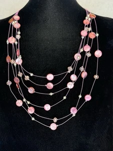 Multi Pink Tone Beaded Disc Bead Multi 6 Strand 20+3" Station Bib Necklace - Picture 1 of 2
