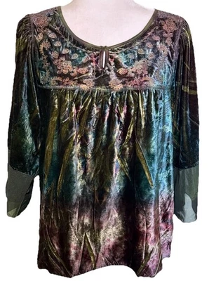 Top bordado gitano bosque hadas campesino de terciopelo One World para mujer talla Lg Foto 1 de 4