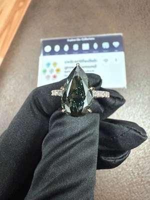 Pear 3.50 Lab Grown Diamond Ring For Engagement Wedding 14 KT Gold Vivid Green - Image 1 of 4