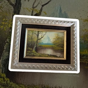 KLEINE FLUSSLANDSCHAFT ORIGINAL ÖLGEMÄLDE signiert Bäume Berg 5x7 gerahmt - Bild 1 von 10