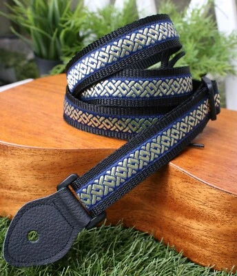 MADE BY STRAPS FOR CHORDS Ukulele Strap 1"(25mm) wide - Navy & Gold Mini Celtic Weave