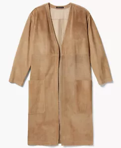 Abrigo plumero largo Theory para mujer color camel tostado Ankan clásico gamuza frente abierto talla P TP - Imagen 1 de 10