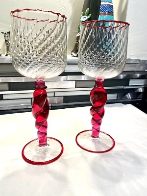 2 Venetian Hand Blown Ruby Red & Clear Wine Glasses, 8.5” Tall - Image 1 of 3