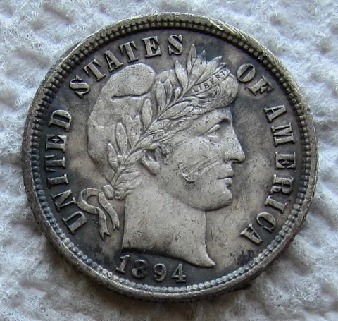 1894 Barber Silver Dime Rare Key Date Bold Liberty AU Detail Corroded Gouged Cover