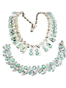 ART Vintage Signed Necklace and Bracelet with Aurora Borealis Rhinestones - Picture 1 of 6