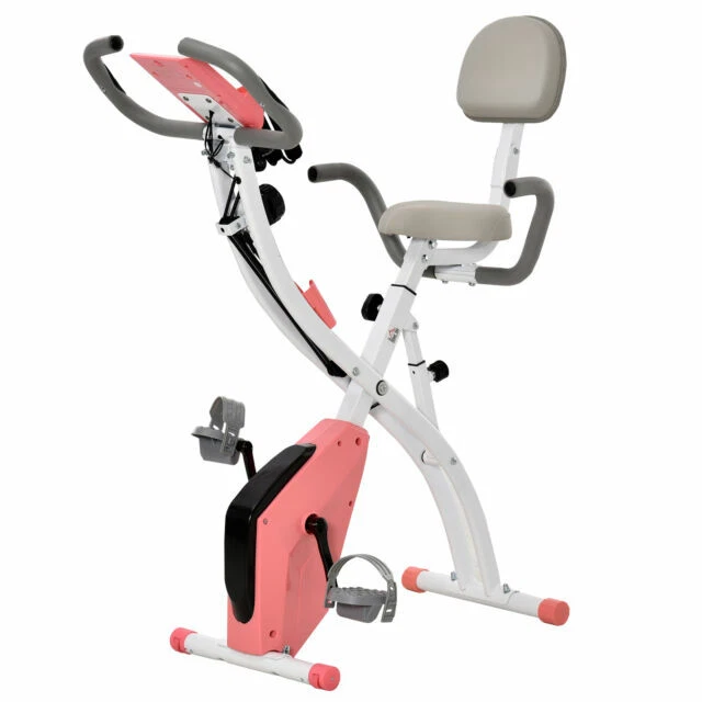 HOMCOM Upright Stationary Folding Exercise Bike with Band - Pink