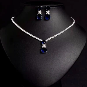 18k White Gold Plated Lab-Created Blue Sapphire Tennis Necklace Earrings Set - Picture 1 of 3