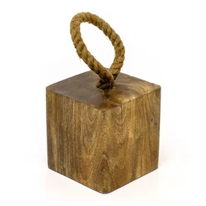 Mango Wood Doorstop | Chunky Cube Wooden Door Stop With Jute Handle - 1.4kg - Picture 1 of 7