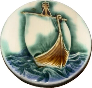 Vintage Viking Ship ceramic tile by Wandering Fire Pottery Canada hand painted - Picture 1 of 6