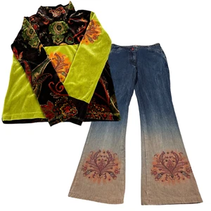 Little Mass Girls 2 Piece Velour Top Studded Flare Jeans Size 8 Boho VINTAGE USA - Picture 1 of 22