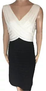 Scarlett Nite schwarz weiß Stufen V-Ausschnitt Cross Over dehnbar Etui-Kleid Gr 12 - Bild 1 von 6