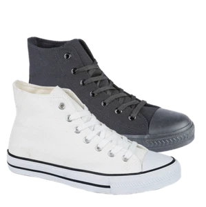 MEN'S BOYS CANVAS LACE UP HIGH TOP ANKLE TRAINER WHITE & BLACK SIZES 6 -12  - Picture 1 of 12