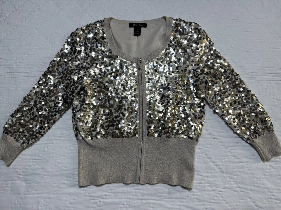 Suéter de mujer White House Black Market cremallera completa dorado lentejuelas manga larga XS Foto 1 de 4