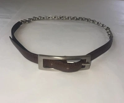 BOTTEGA VENETA Brn Reptile Skinny Leather Belt Silver Chain Link Back Sz.S Italy - Image 1 of 4