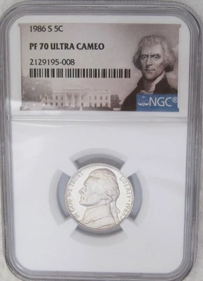 1986-S Jefferson Nickel NGC PF70 UCAM Graded PERFECT GEM PROOF= Scarce & Top Pop - Image 1 of 4