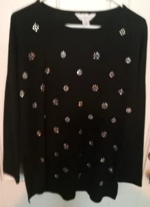 CHRISTOPHER & BANKS Lg Sl Black w Silver-tone Beads Round Neck Poly Blend Top M - Picture 1 of 5