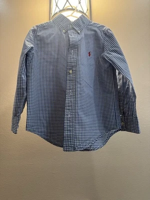 Polo Ralph Lauren - Guinga Abotonada Azul y Blanco con Caballo Rojo - Niños Talla 5 Foto 1 de 4