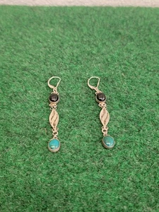 925 Silver Dangle Post Turquoise & Onyx Earrings Navajo - Picture 1 of 13