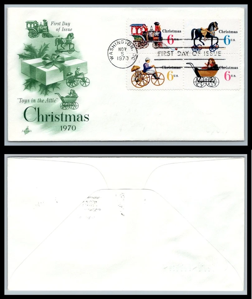 US FDC # 1415-1418 6c Christmas Toys  block ArtCraft S.Cancel 1970, 9p9447 - Image 1 of 1