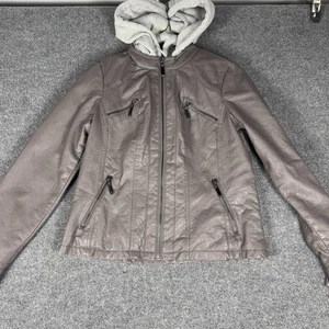 J2 Moto Jacket Men’s Large Gray Faux Leather Lined Removable Hood Zippers - Picture 1 of 8