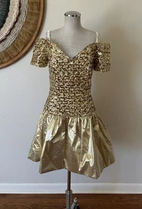 Vintage 80s Gunne Sax off the shoulder gold lamé metallic Mini Dress M - Picture 1 of 9