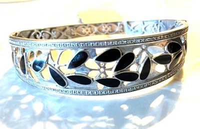 VTG-Sterling Silver Bangle bracelet Black Onyx Gemstones  Diamond Chips Hinged - Image 1 of 3