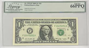 1934-F 2009 $1 FW Federal Reserve Note United States Legacy Gem New 66PPQ - Picture 1 of 3