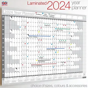 Year Planner 2024 ✔LAMINATED Calendar Wipe Clean Wall Chart Annual✔Stickers✔Pen - Picture 1 of 88