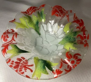 Cuenco de bayas de vidrio Sydenstricker rojo verde floral (Brewster, MA) - Imagen 1 de 9