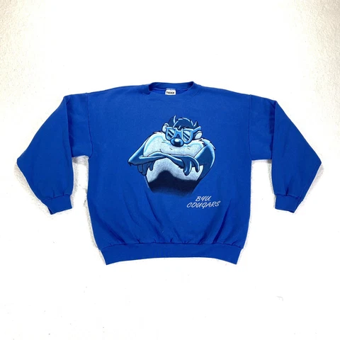 Vintage 1996 BYU Cougars Taz Tasmanian Devil Blue Sweatshirt Size XL NCAA Warner Cover