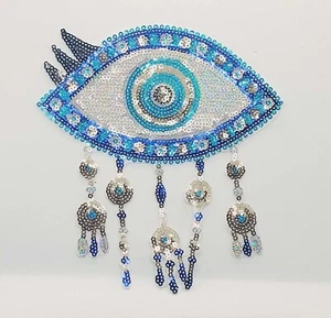 SEQUIN lace applique motif patch costume Turkish EVIL EYE NAZAR hotfix - Picture 1 of 1