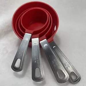 4 Set Measuring Cups Stainless Steel Handles Baking Kitchen Farmhouse Red - Picture 1 of 10