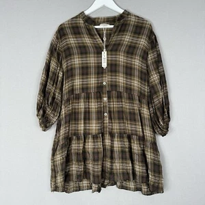 Max Studio Women Shirt Dress Medium Brown Plaid Tiered Country Cottagecore Boho - Picture 1 of 12