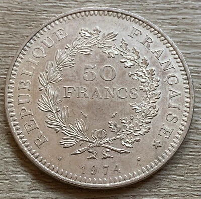 Moneda de plata Francia 1974 50 francos .900 plata Hércules KM# 941 Foto 1 de 2