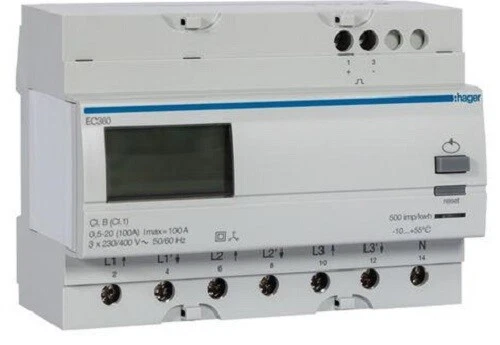 Hager KILOWATT-HOUR METER HAGEC360 230V 50-60Hz 20-100A 3Phase Direct Connection - Image 1 of 1