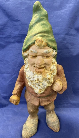 Antique Painted Cast Iron Garden GNOME Figural Doorstop or Statue Original Paint Cover