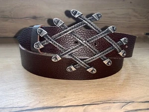 Brown Belt 1-1/2 Inch 38mm Real Leather Hand Made With crossed bars Buckle V58 - Picture 1 of 3